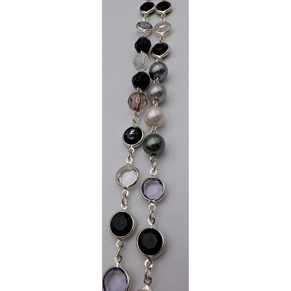 Lia Sophia Long Station Necklace Faux Pearl Crystal Silver Tone Black Lavender